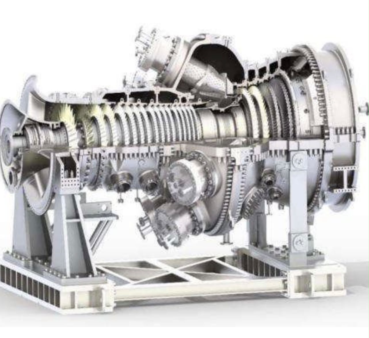 Cutaway view showing the internal compressor and turbine stages of a 50 megawatt gas turbine